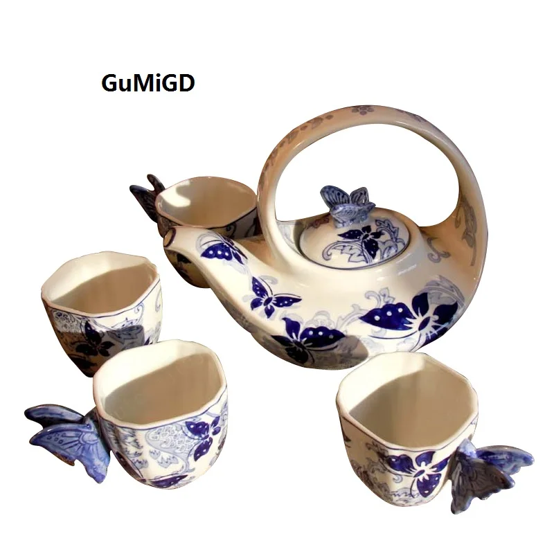 

wedding decoration Kung Fu Teaware Set Jingdezhen Blue and White Porcelain Butterfly Love Four-person Set