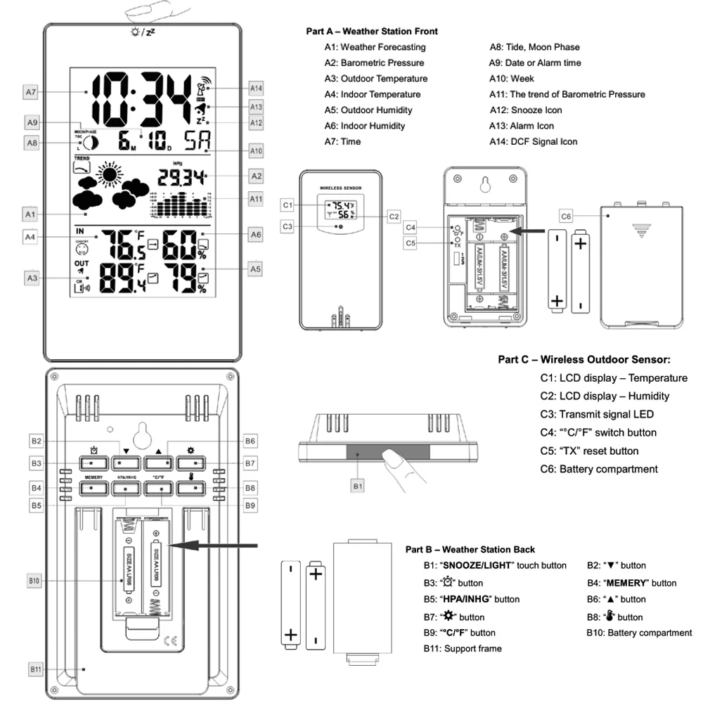 FanJu FJ3352 Weather Station With Barometer Forecast Temperature Humidity Wireless Outdoor Sensor Alarm and Snooze Digital Clock