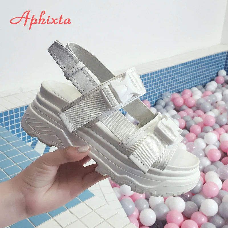 Aphixta 8cm Platform Sandals Women Wedge High Heels Shoes Women Buckle Leather Canvas Summer Zapatos Mujer Wedges Woman Sandal