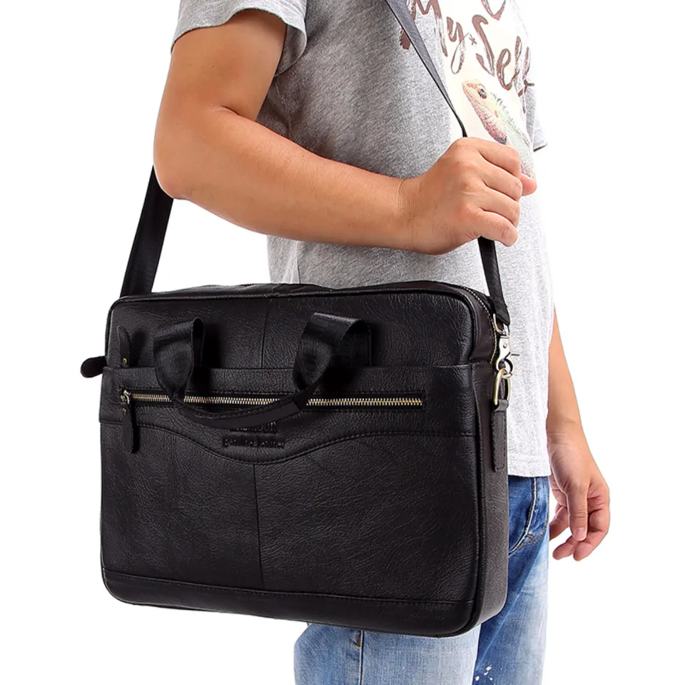 Imagem -06 - Maleta de Couro Genuíno para Homens Grandes Bolsas de Couro Masculinas Bolsa de Ombro Preta Busines Messenger Bolsa de 156 para Laptop