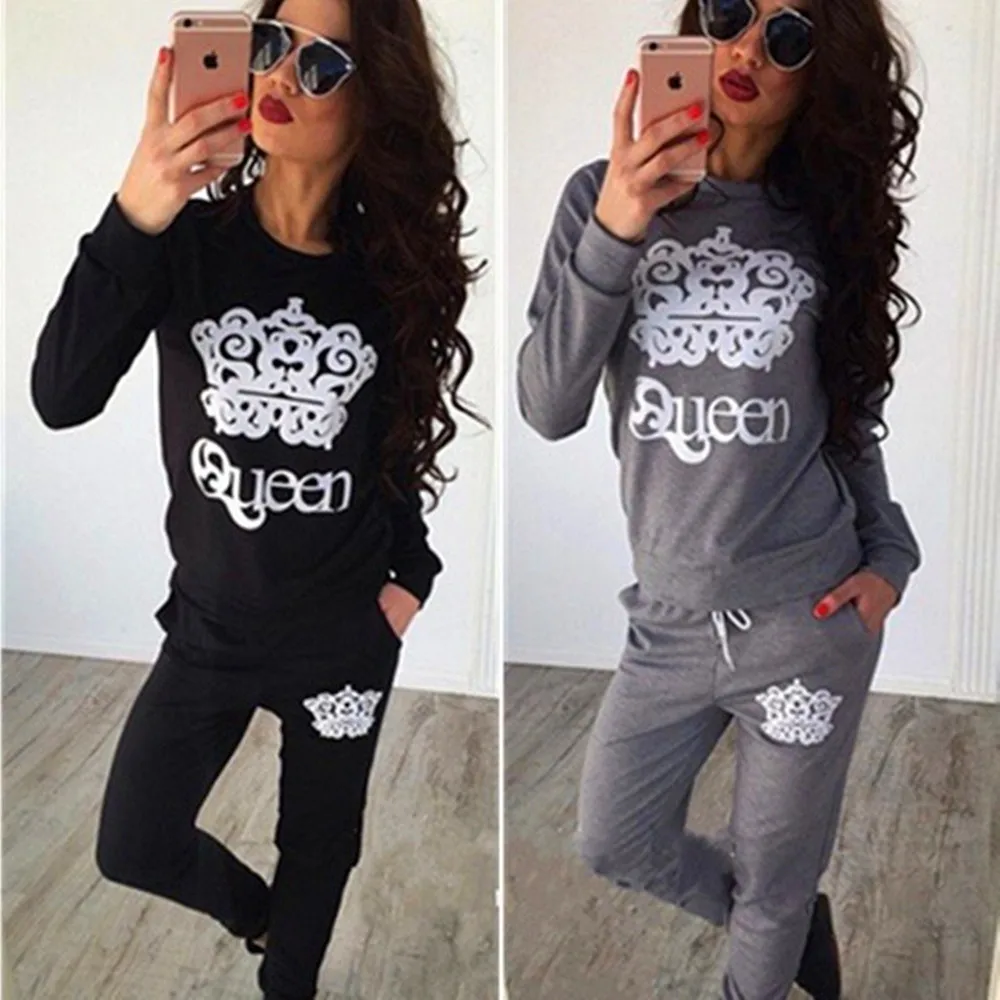 

Women Winter Two Pieces Set Queen Crown Printed Tracksuits long Sleeve Bodycon Jumpsuit