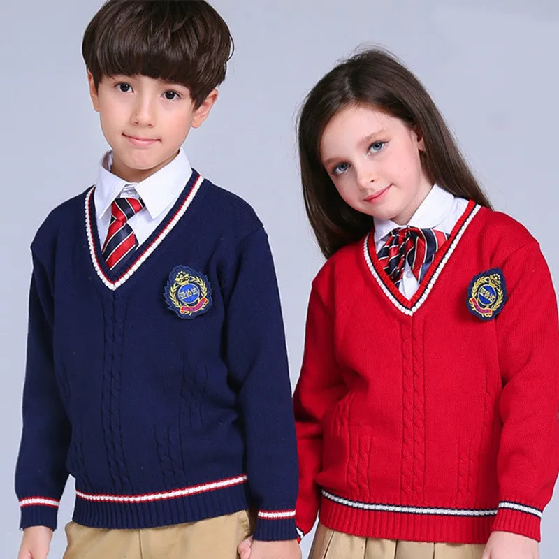 Suéteres para niños y niñas, jersey con cuello en V, abrigos de punto, escuela, estilo inglés, Tops para niños pequeños, ropa de invierno, 2018