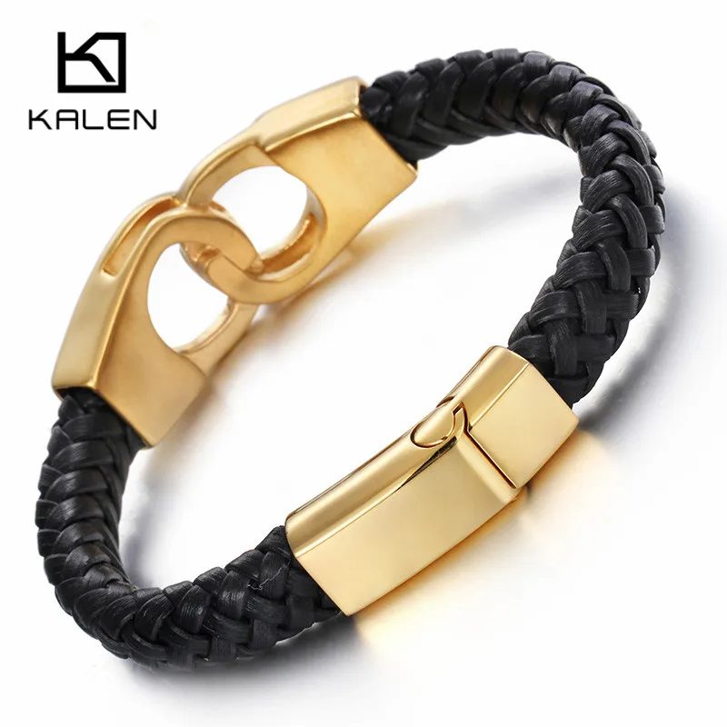 Kalen Italian Gold Color Handcuff Leather Bracelets For Men Fashion Stainless Steel 22CM Cheap Braided Leather Bracelets Jewelry