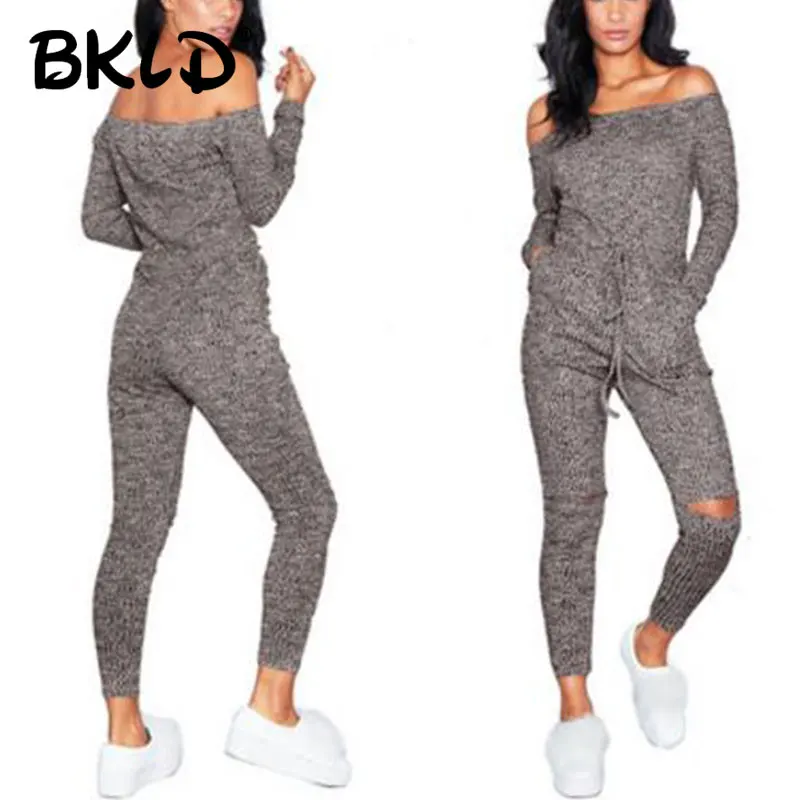 Bkld Frauen schulter frei Overall Bodycon Langarm Clubwear gestrickt aushöhlen Hosen Stram pler dünn sexy Overalls weiblich 2024