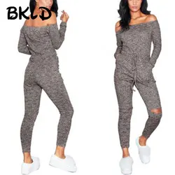 BKLD Women Off Shoulder Jumpsuit Bodycon Long Sleeve Clubwear Knitted Hollow Out Pants Rompers Skinny Sexy Jumpsuits Female 2024