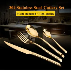 KuBac Hommi 24Pcs Golden Dinnerware 304 Cutlery Set Gold Stainless Steel Dinner Steak Knife Fork Teaspoon Drop Shipping