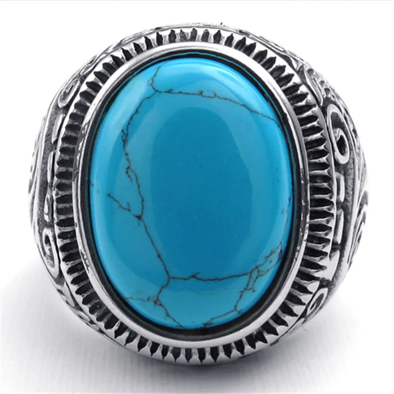 Men\'s Oval Gem Stone Stainless Steel Finger Ring US Size 7/8/9/10/11/12/13/14/15