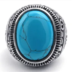 Men's Oval Gem Stone Stainless Steel Finger Ring US Size 7/8/9/10/11/12/13/14/15