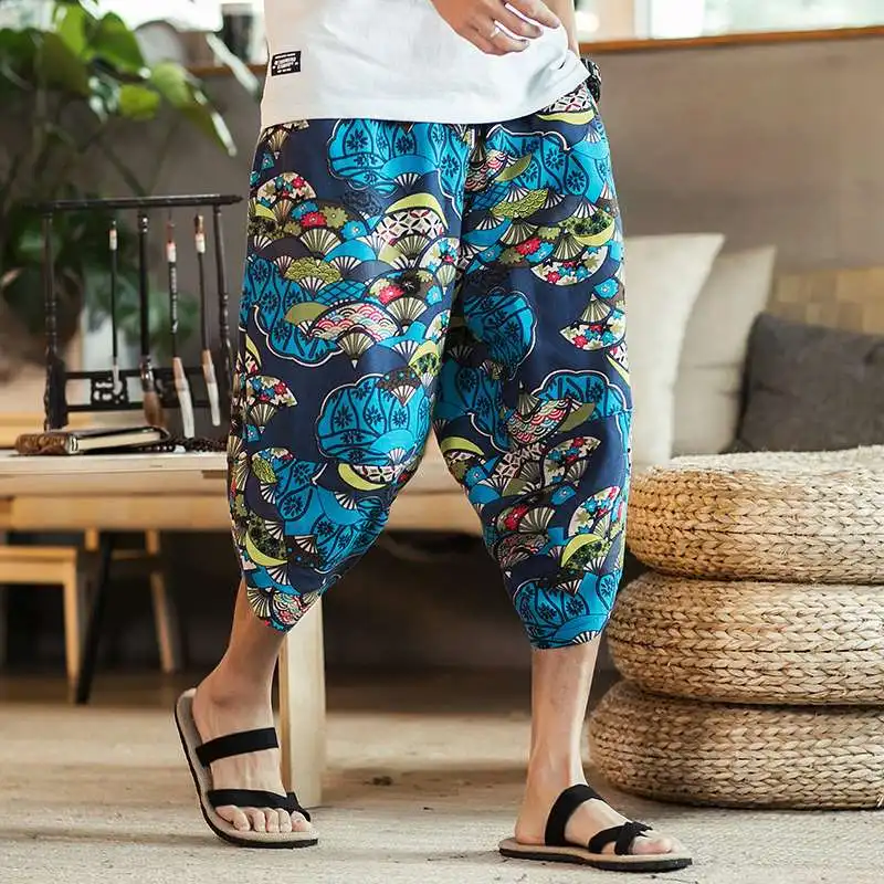 Summer Casual Loose Shorts Men Hip Hop Trousers Male Print Vintage Flowers Print Calf Length Short Beach Mens Linen Clothing 5XL