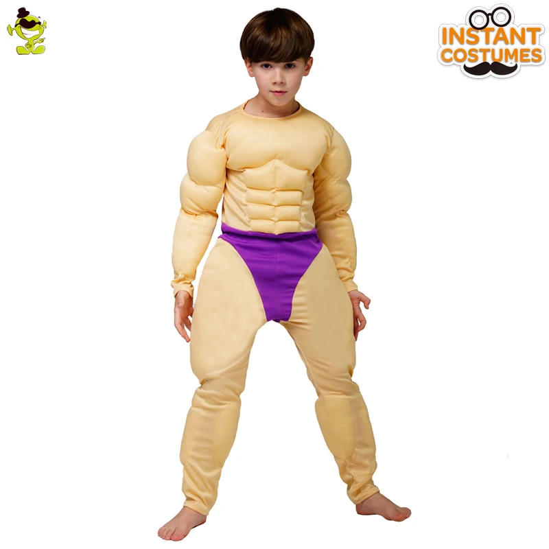 Purim Adult Costumes Cosplay Muscle Jumpsuit Role Play Halloween  Child Boy Muscle Strong Man Clothes