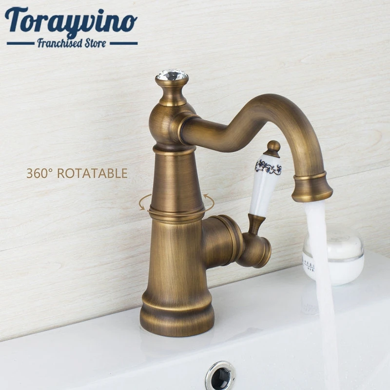 

Torayvino Short Antique Brass Swivel 360 Rotated Stream Spout Deck Mount Ceramic Single Handle Sink Kitchen Tap Mixer Faucet