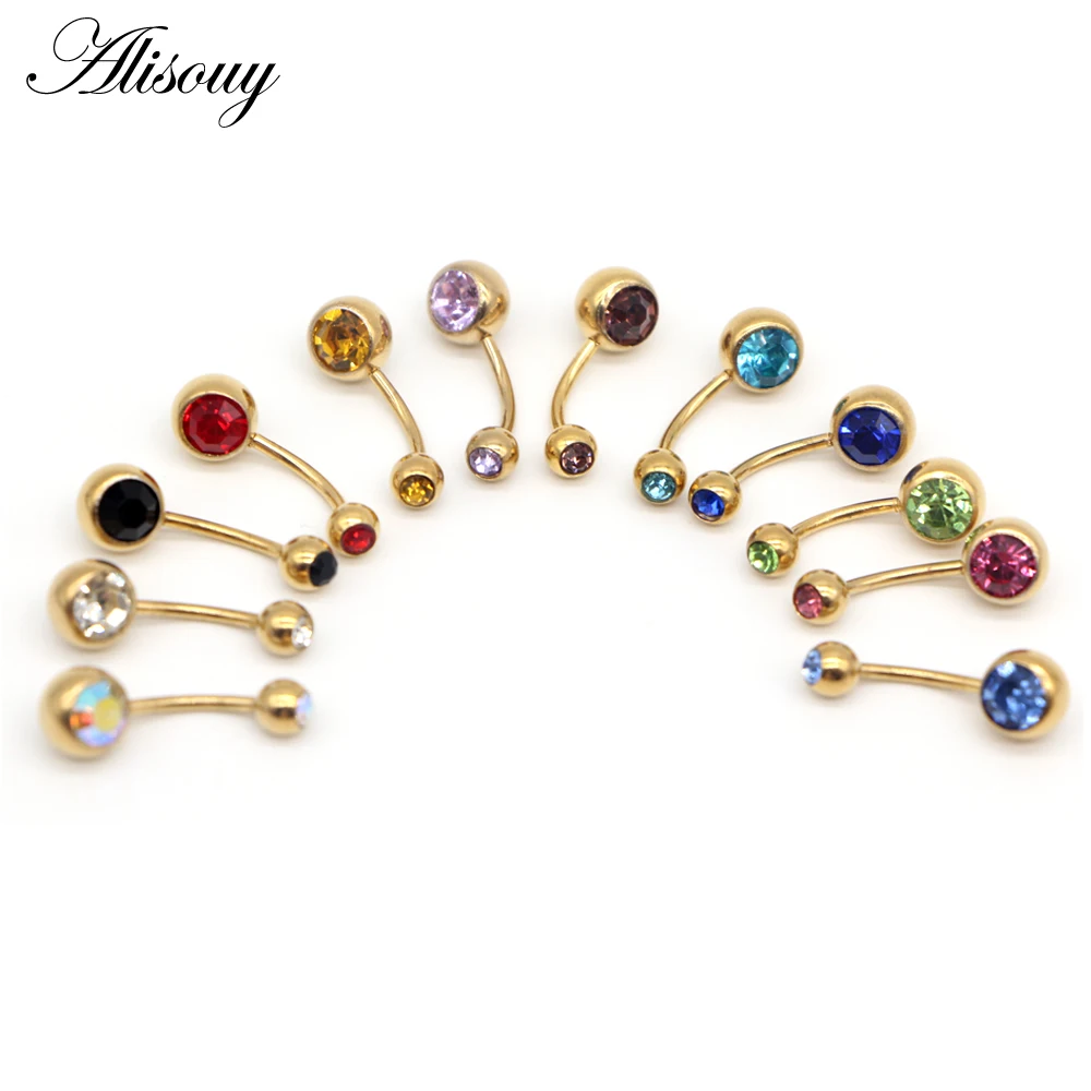Alisouy 1pc Stainless Navel Rings Gold Color Anodized Belly Button Piercing Double Crystal Ombligo for Women 14G Body Jewelry