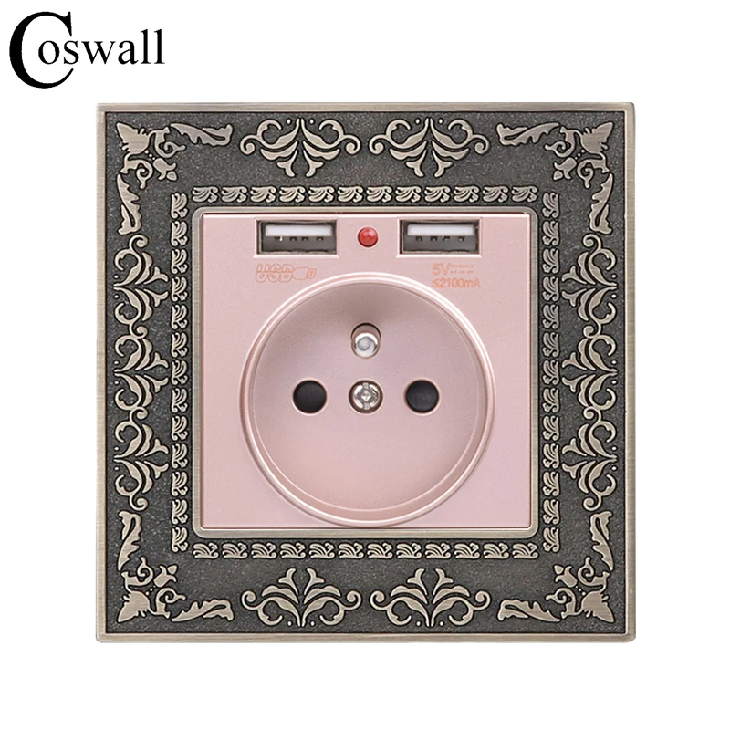 Coswall Zinc Alloy High-end Retro 16A Gold French Polish Power Wall Socket With Dual USB 2.1A Charging Port Embossed Panel