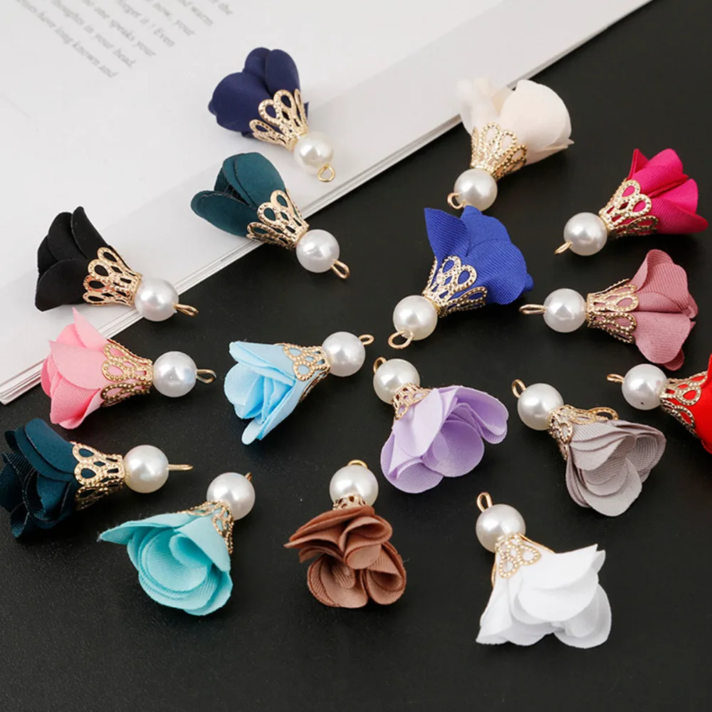 30mm 10pcs/bag Fashion Fabric Satin Flower Beads Cap Tassel Charm for DIY Earring Necklace Bracelet Jewelry Making Findings