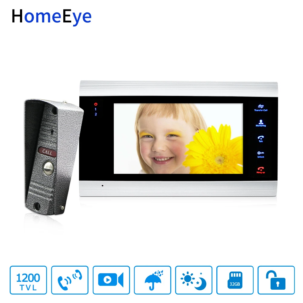 

HomeEye 7'' Video Doorbell Video Intercom 1200TVL IP65 Waterproof Motion Detection Multi-languages OSD Menu Touch Button Screen