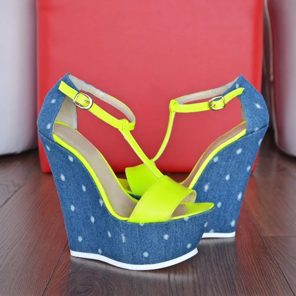 Summer Neon Yellow Pink T-Strap Blue Polka Dot Denim Wedge Sandals Woman Peep toe Platform Wedged High Heels Shoes Sandalias