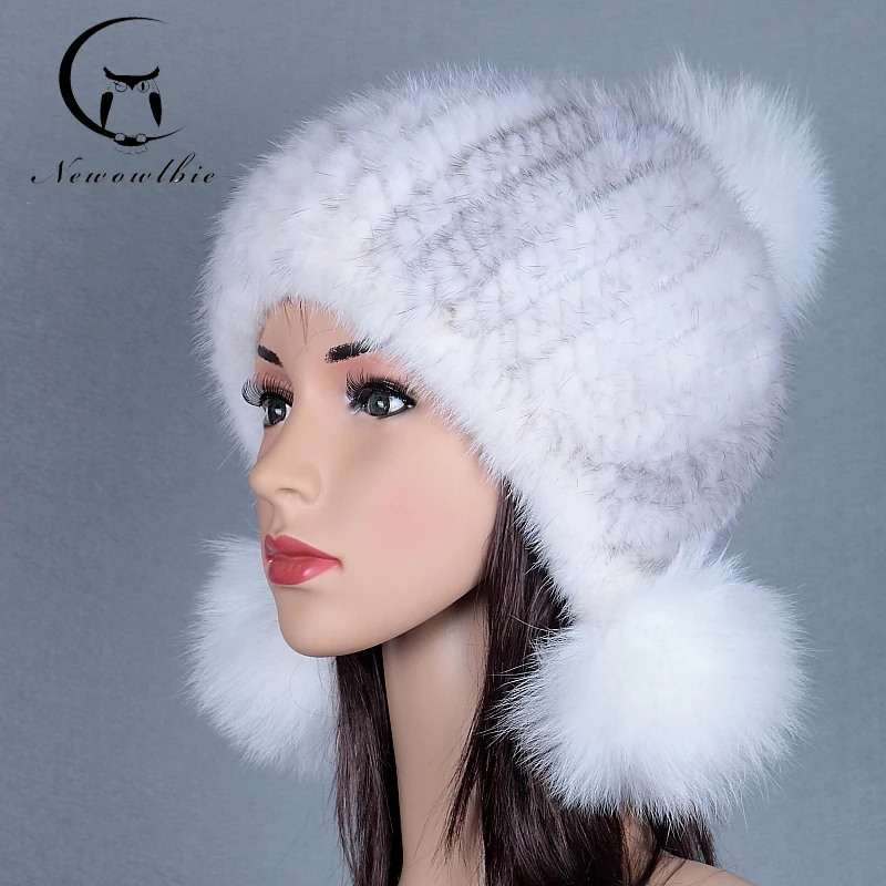 Striped Adult Women Winter Fur Hats Real Mink Fur Hat Mink Fur Caps With Fox Fur Pom Poms Brand New Warm Thick Lady Hats