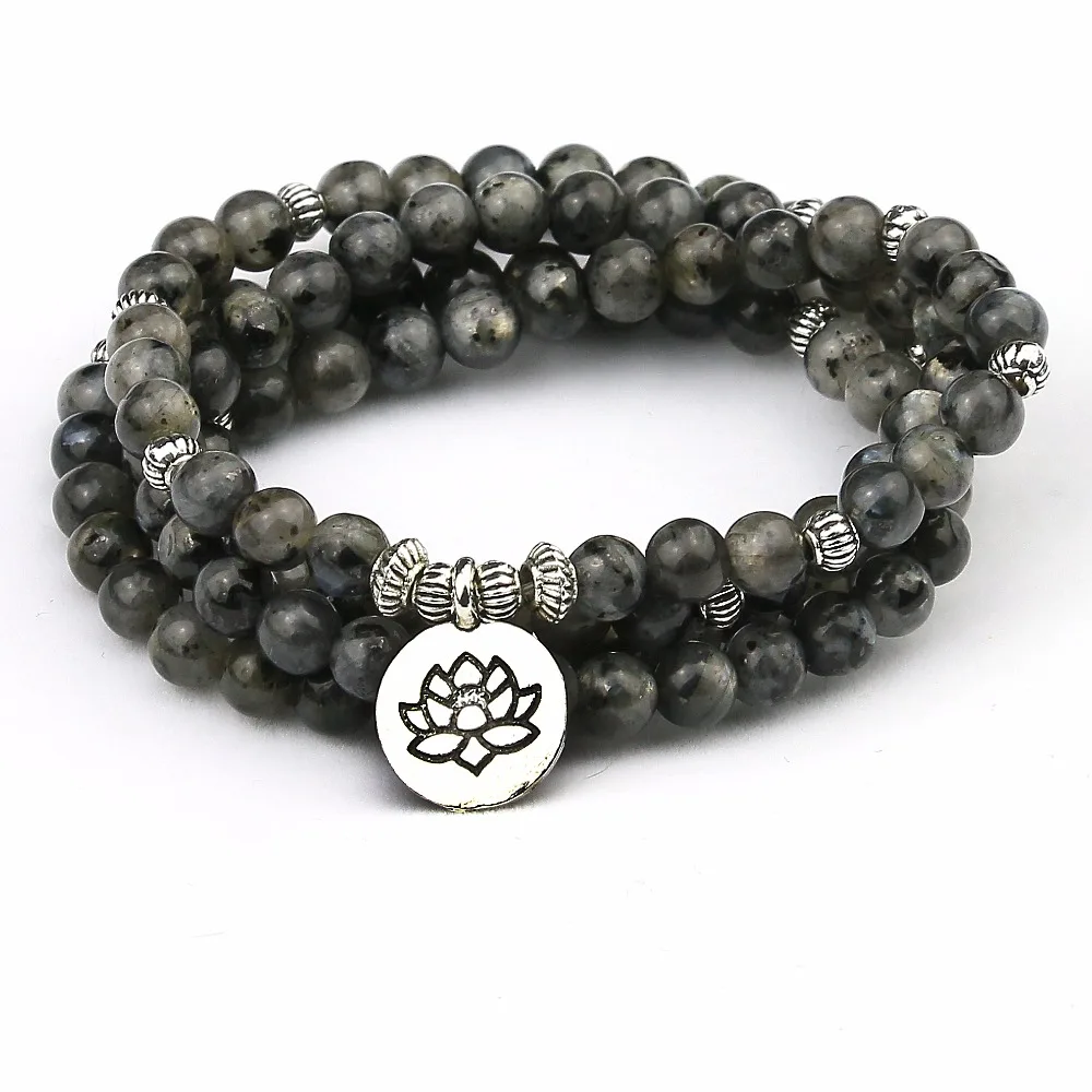 Labradorite Flashstone Strand Bracelet Trendy Handmade Men`s 108 Mala Yoga Bracelet Lotus  Buddha Bracelet Women,Birthday Gift