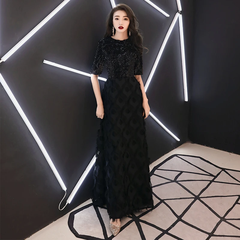 Customized Black A-line Long Evening Dress O-neck Half Sleeves Floor Length Lace Evening Dress Formal Party Dress Prom Dresses