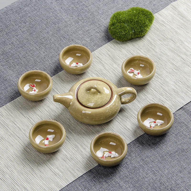 Crack glaze 3D fish Kung Fu Tea Set,Ceramic Tea Sets,TeaCup,ChineseTravel Teapot, Drinkware Coffee&Tea Sets , Binglie Teacups