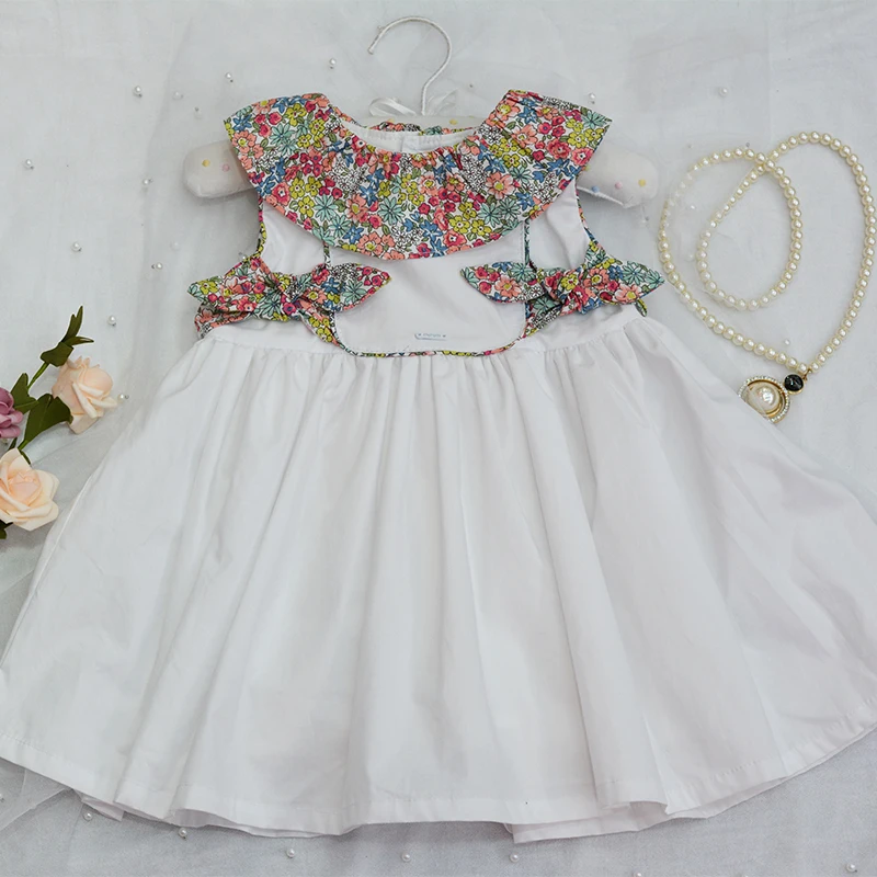 2PCS Baby Girls Summer Vintage Spanish Floral Flower Bow Princess Dress with Pants White Casual Dress for Baby Girls 100% Cotton