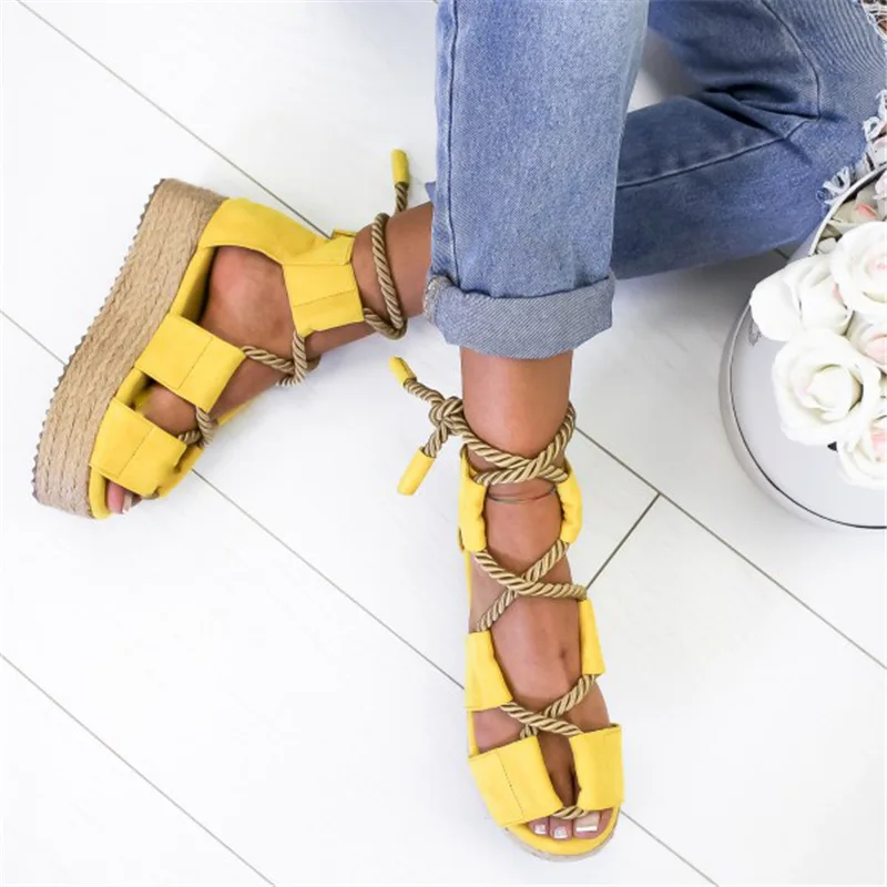 CuddlyIIPanda Plus Size 35-43 Giày Sandal Nữ Dây Gai Dầu Dệt La Mã Đấu Sĩ Kẹo Màu Đế Độn Clunky Gót Sandalias mujer