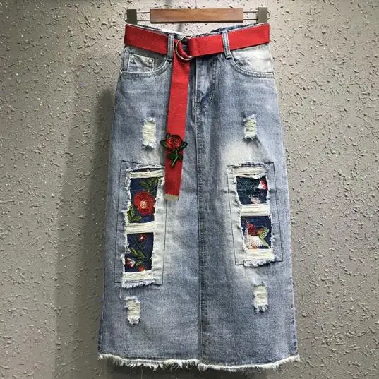 

summer Casual Denim Women Skirt Summer High Waist patchwork printed Jean Skirt