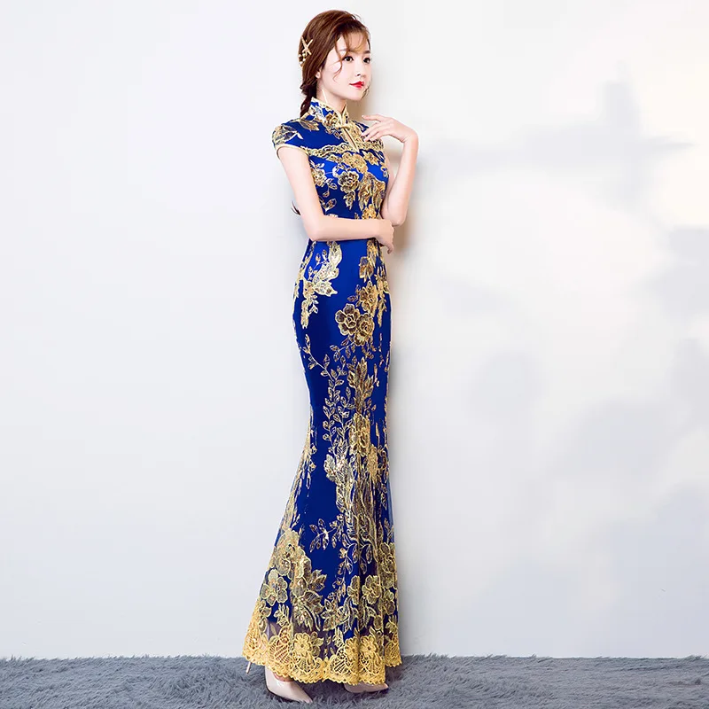 Blauwe bruiloft cheongsam oosterse avondjurk Chinese traditionele dames elegante qipao sexy kant lang gewaad retro vestido