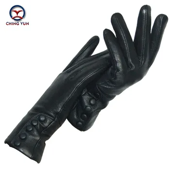 CHINGYUN Nuevos Genuino de Las Mujeres Del Brazo de la manga Espesar Arco Guantes de Cuero Otoño Invierno Moda para Mujer A Estrenar Negro de Cuero Caliente fv02