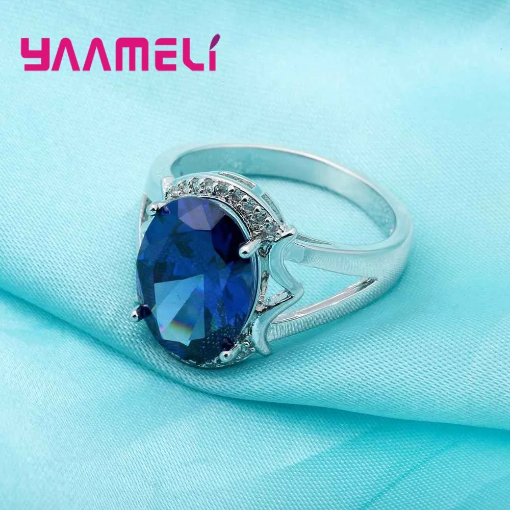 Elegant Oval Blue Stone Crystal Ring 925 Sterling Silver Cubic Zircon Jewelry for Women Gift Wedding Party Accessories