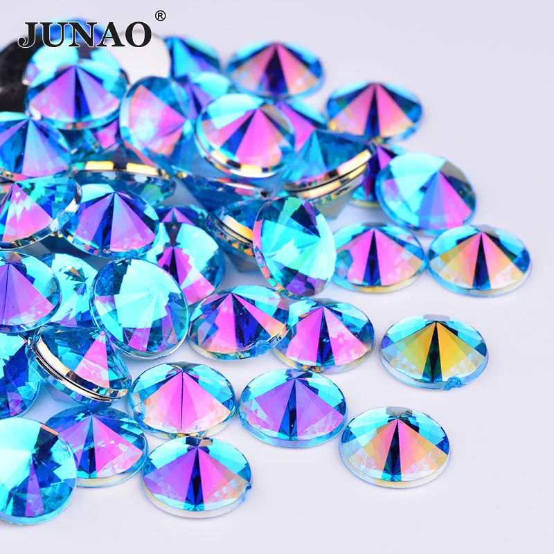 JUNAO 4 5 6 10mm Blue AB Flatback Rhinestone Round Rivoli Crystal Stones Acrylic Strass Appliques for DIY Face Nail Decoration