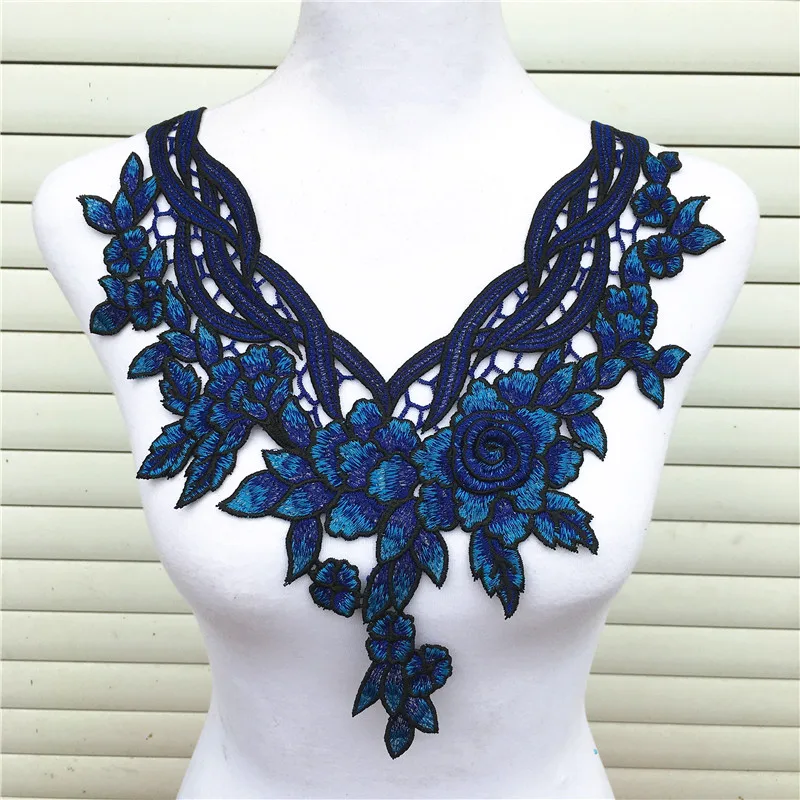 1pc Colorful Flower Lace Fabric Dress Applique Motif Blouse Sewing Trims, DIY Neckline Collar Costume Decoration