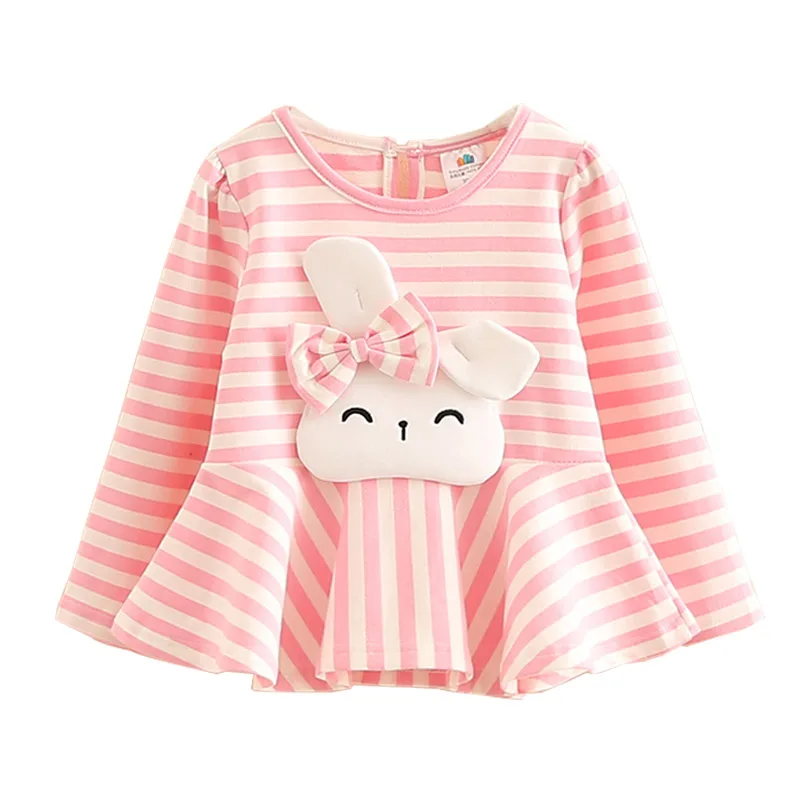 Fashion Spring Autumn 4 6 8 10 Years Long Sleeve O-Neck Cute Rabbit Bow Striped Patchwork Baby Children Cotton Kids Girl T-Shirt