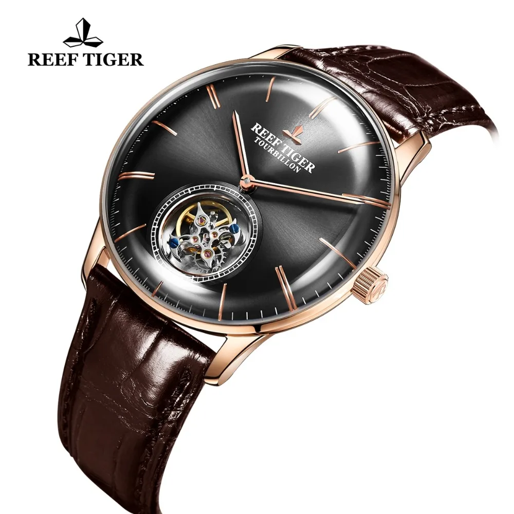 Reef Tiger/RT Brand Luxury Tourbillon Mechanical Watch Men Brown Leather Strap Rose Gold Watch Waterproof Montre Homme RGA1930
