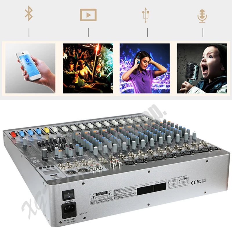 16 Channel Audio DJ Mixer 99 Digital Effects Mixing Console 6 Group Double 7 Band Equalizer +48V Bluetooth USB Microphone Mixer