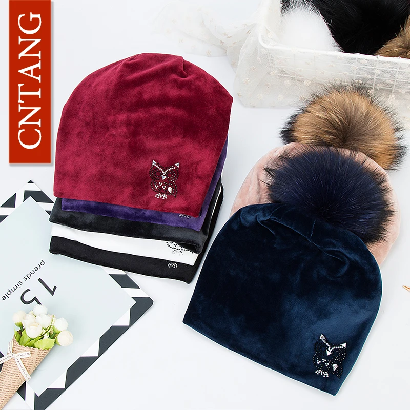 CNANG 2024 Owl Rhinestones Hats For Women Winter Warm Plus Velvet Fashion Caps With Natural Fur Pompoms Female Skullies Beanies