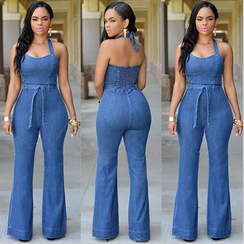 Women 2019 Fashion denim Halter Jumpsuit Backless Sexy bodysuit with Sashes clothing
