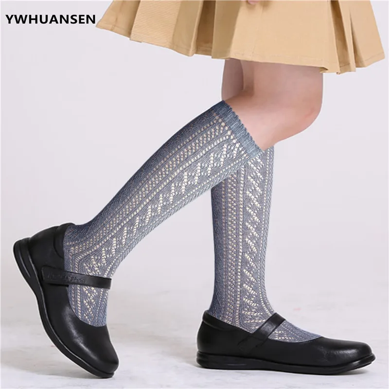 High Quality Summer Mesh Long Socks for Girls Cotton Loop Transfer Hollow Out Kids Socks for School Uniform Children