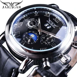 Jaragar Classic Black Moon Phase Roman Date Day Genuine Leather Multifunction Automatic Mens Mechanical Watches Business Relogio