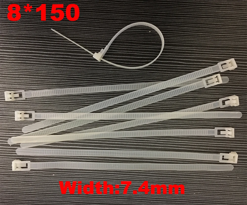 100pcs 8x150 8*150mm (7.4mm Width) White Nylon66 Network Electric Wire String Zip Fastener Plastic Relesable Reusable Cable Tie