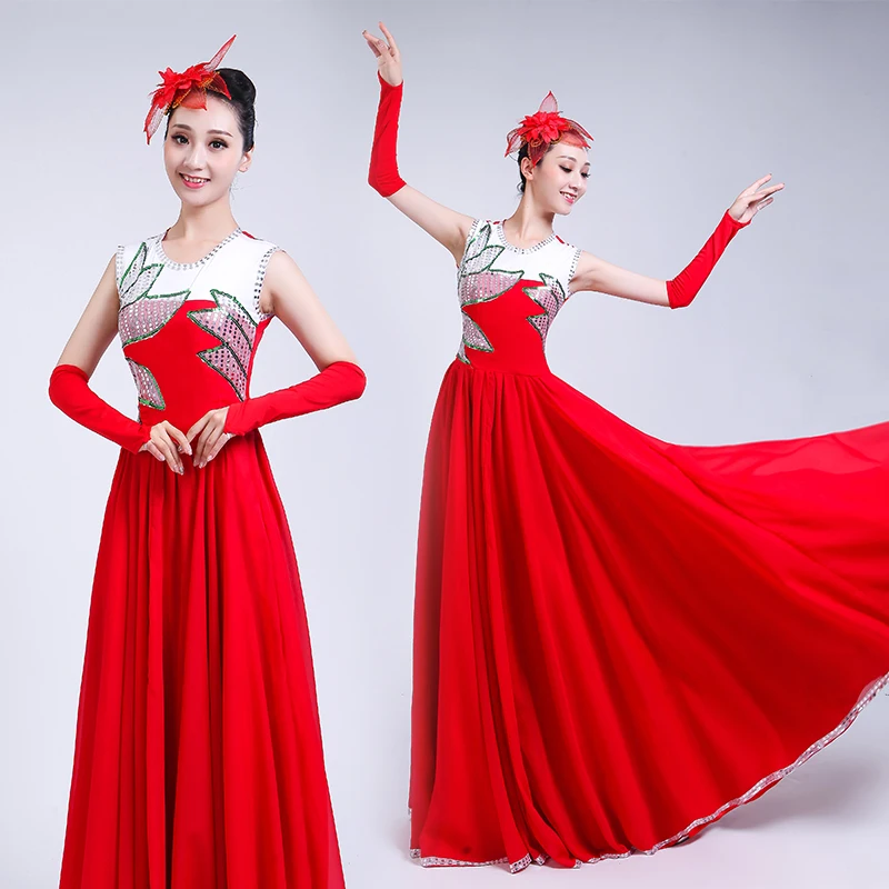 Red Long Full-skirt Opening Dance Big Swing Dress Spanish Bullfight Performance Dance Costume Stage Sequin Dancing Costume H589