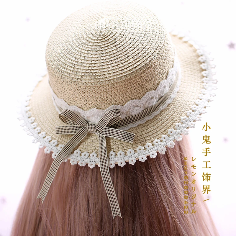 Lolita-sombrero de paja a cuadros de encaje diario, sombrero de vestir japonés, Mori Pastoral, suave, Top plano, cúpula de adulto, sólido, Unisex, de viaje