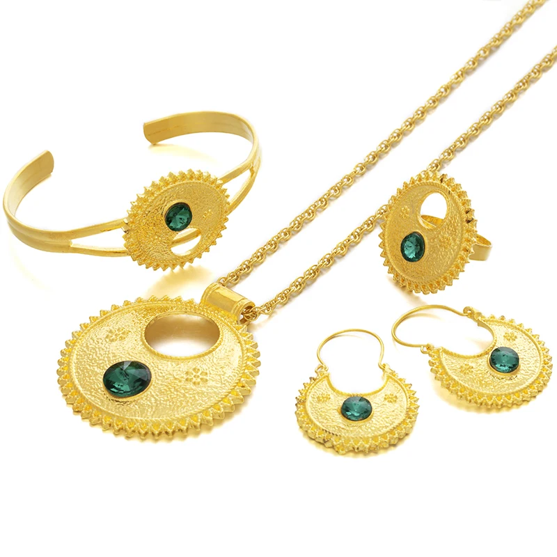 Ethlyn Jewelry Ethiopian sets Necklace Bangle Earrings & Free Size Ring Jewelry sets Gold Color Eritrean Best Holiday Gifts S196