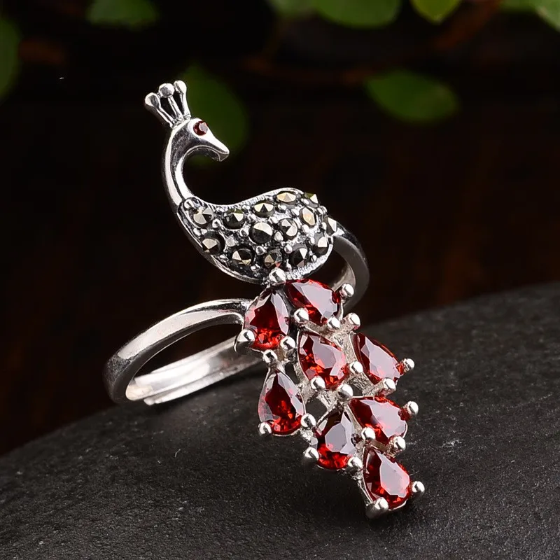 S925 opening ring female retro wind inlaid pomegranate red mark stone elegant peacock ring