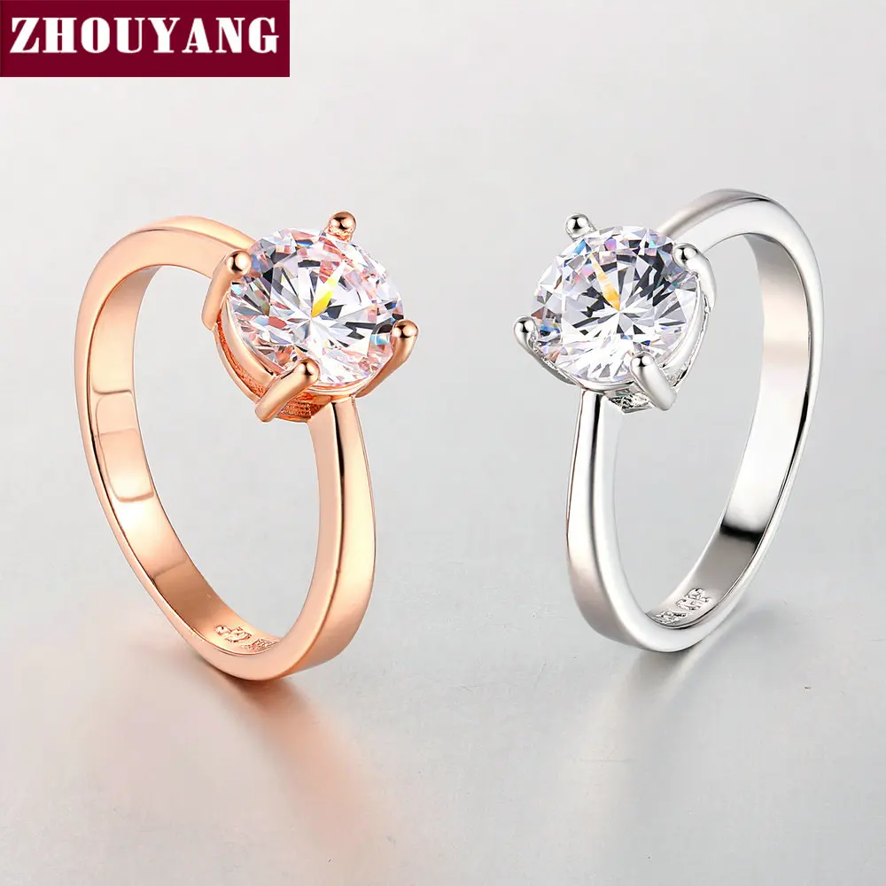 ZHOUYANG Wedding For Women Four Claw 8mm Cubic Zirconia Engagement Rose Gold Color Flashion Jewelry Girl Friend Gift R333 R335