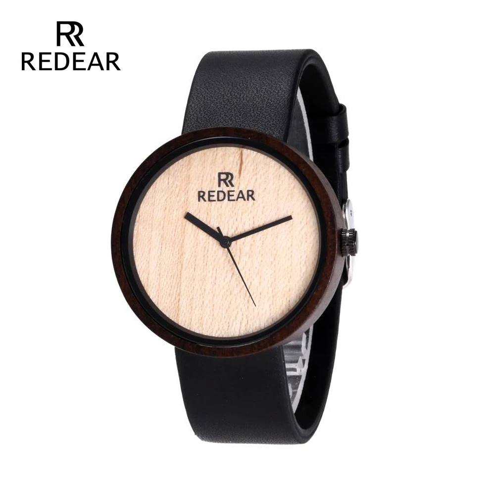 

REDEAR Hot Sell Women Watch Fashion Ebony Wooden Wristwatch With Genuine Leather Strap Simple Woman Watches The Best Present