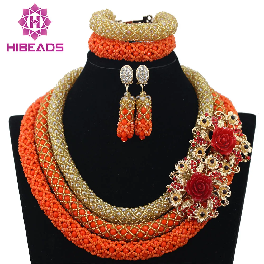 

Fashion 3 Layers Nigerian Wedding African Beads Jewelry Set Dubai Orange Crysta Beads Bridal Jewelry Set Free Shipping ABF533