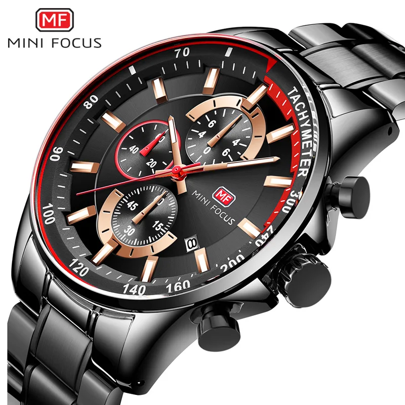 MINI FOCUS ชายสแตนเลสนาฬิกานาฬิกา Chronograph Quarts นาฬิกาสำหรับ Man Relogios Masculinos กันน้ำ 0218G. 04