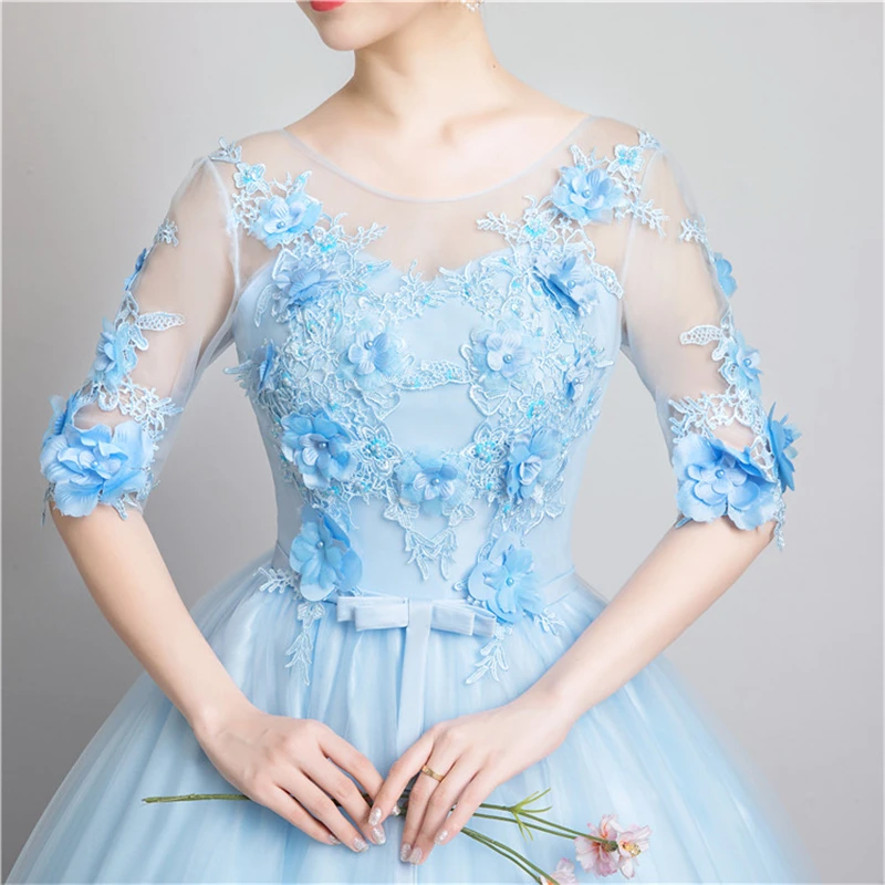 Sweet Elegant Light Blue Long Evening Dress Half Sleeve Pearls Applique Ball Gown Solo Show Masquerade Dress Vestido De Festa 30