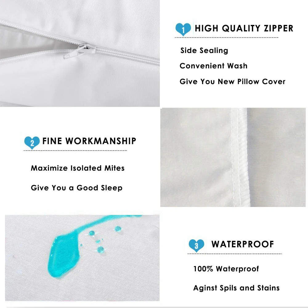 Waterproof Pillow Protector with Zipper Bed Bug Proof Pillowcase Protects Against Dust Mite &Stains Allergens